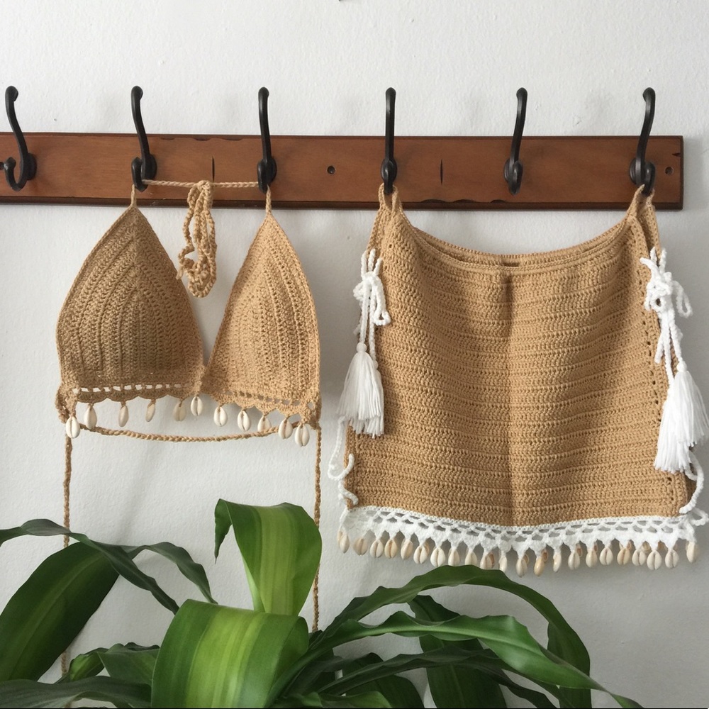 Crochet bikini top and cover up shirt set